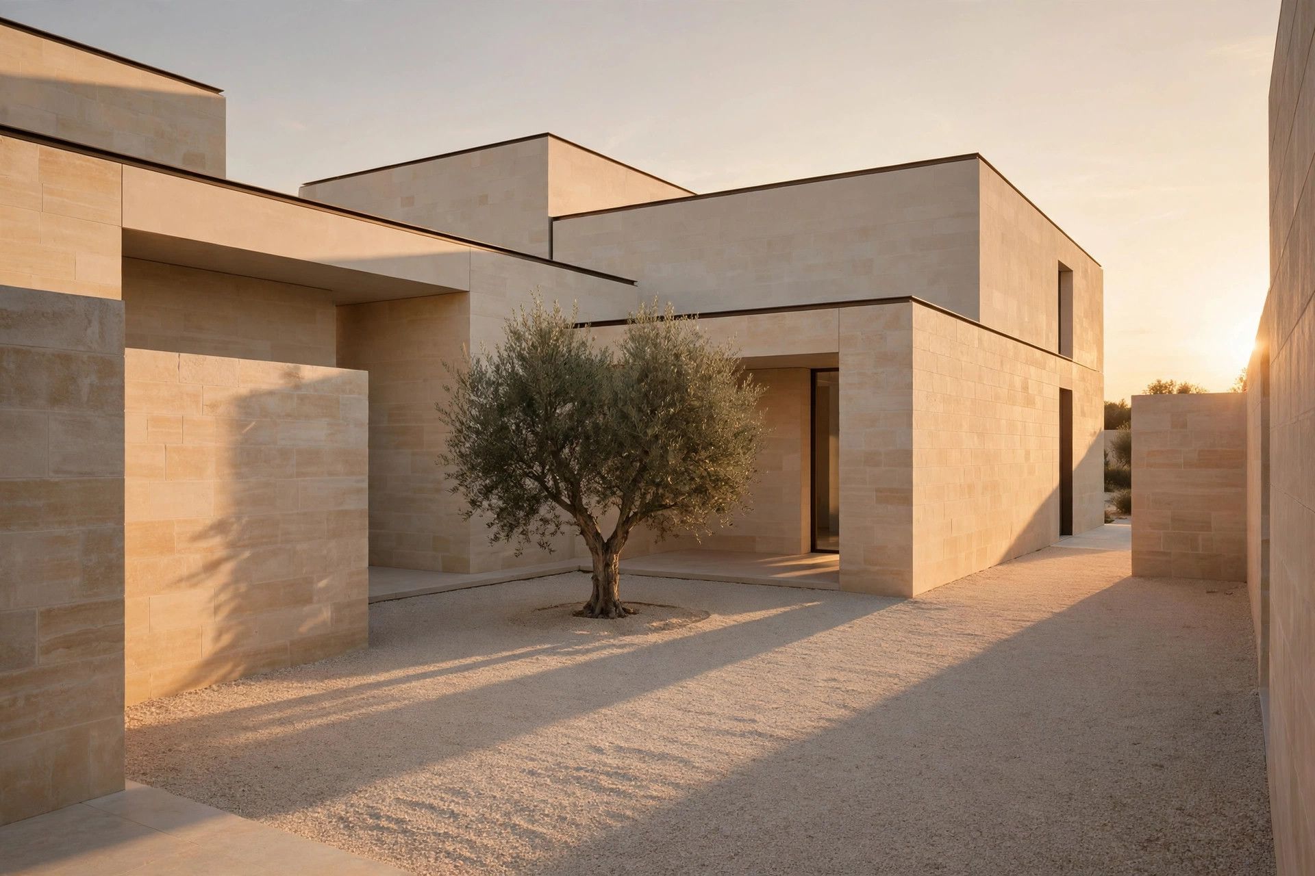 Maison-patio minimaliste en béton au crépuscule — olivier dans un bac en pierre, baies vitrées coulissantes à cadre noir, lumière chaude