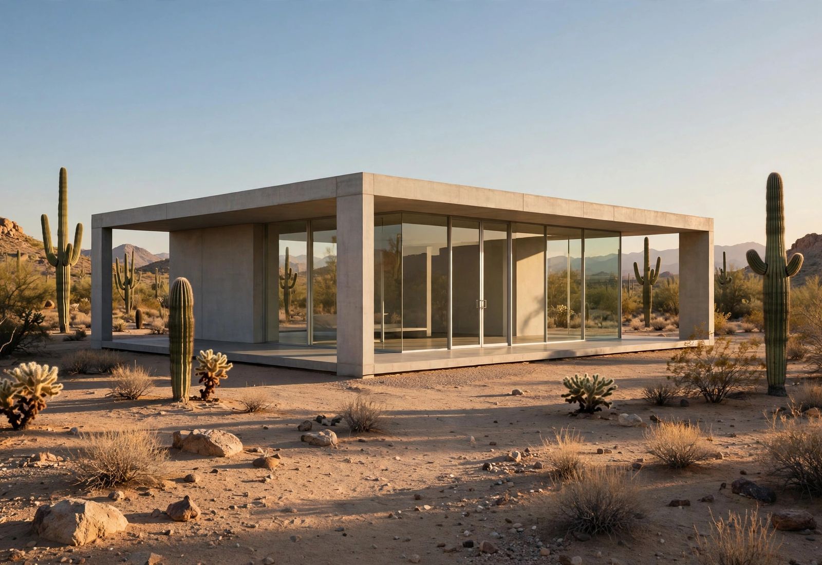 Maison moderne dans le désert au coucher du soleil, avec piscine et cactus