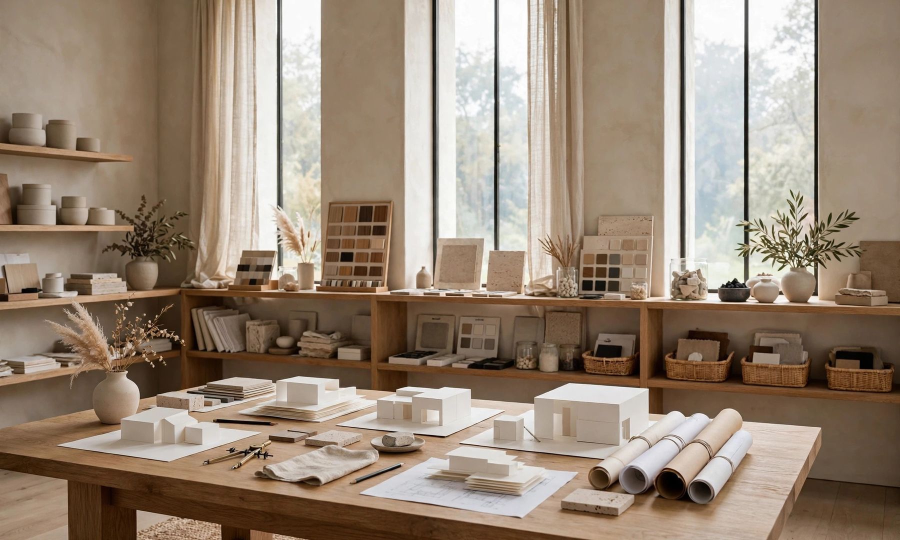 Intérieur du studio — table à manger en bois sombre, suspension sculpturale, baies vitrées du sol au plafond, mur en plâtre avec œuvre encadrée